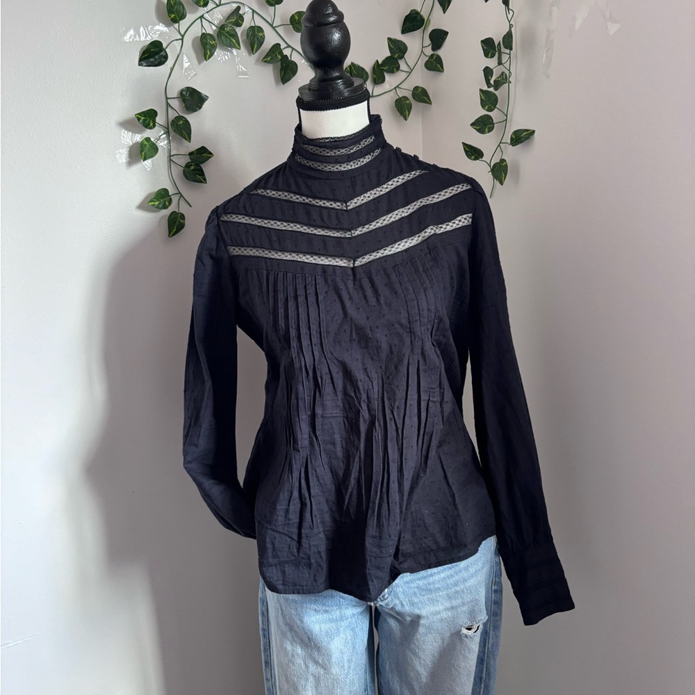 Women's Black Lace-Trim High-Neck Long Sleeve Blouse